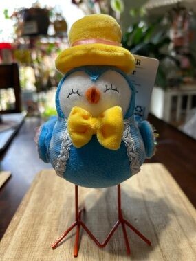 Way To Celebrate Blue Velvet and Material Bird with Wire Legs Figure NWT 2023